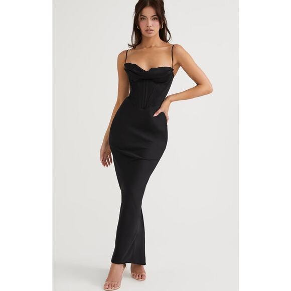 House Of Cb Charmaine Corset Maxi Dress Womens Small Black Satin Formal Cocktail - Picture 1 of 11
